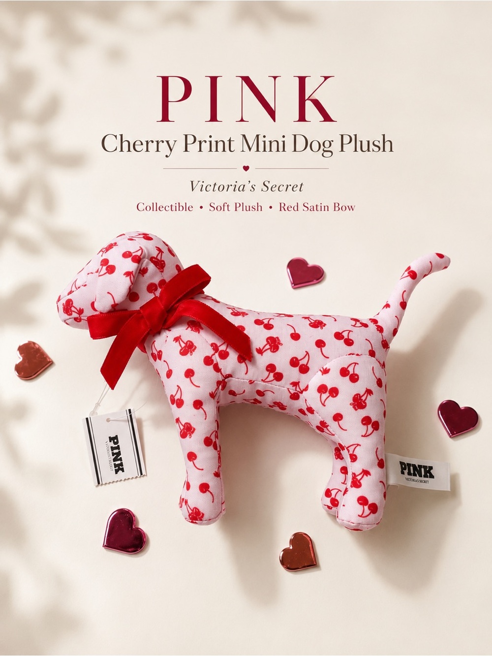 NWT PINK Victoria's Secret Cherry Print Mini Dog Plush - Red & White